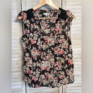 EUC Chic Floral V-Neck Sheer Blouse - Black and Pink